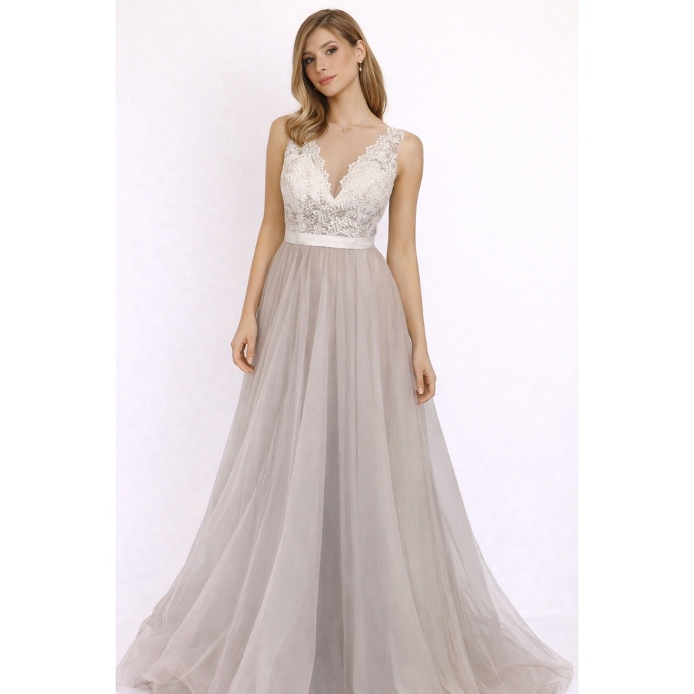 Hebeos wedding dress white lace tulle over champagne sz 2 ball gawn